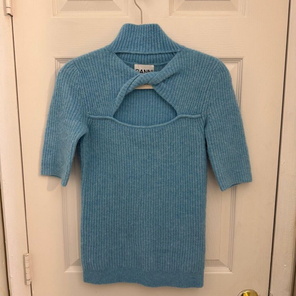 GANNI Cutout Twist Front Ribbed Sweater Size XS Bachelor Blue Alpaca Blend - Picture 6 of 6
